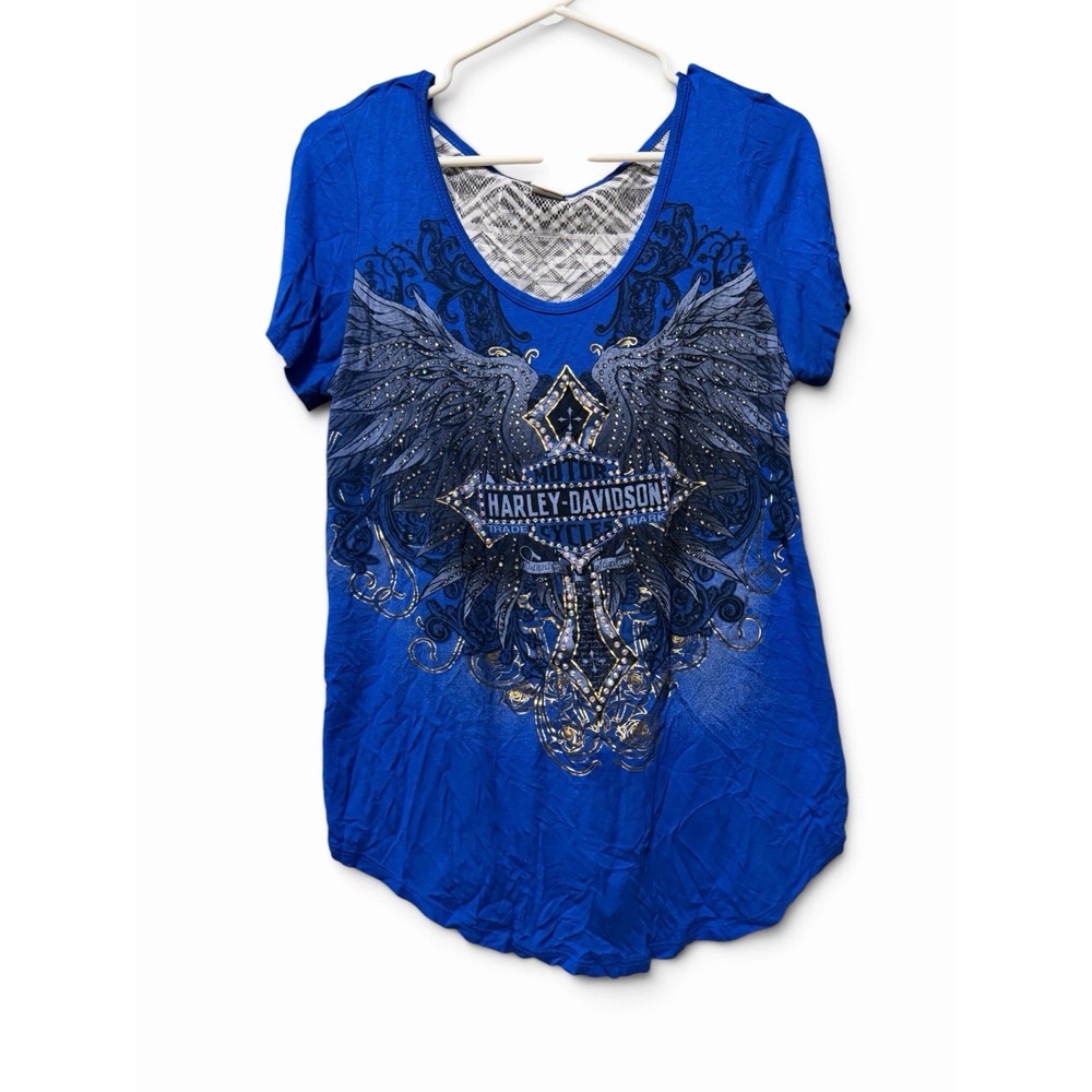 Harley Davidson Womens XL Blue Rhinestone Angel Wings Graphic Mesh Back Shirt